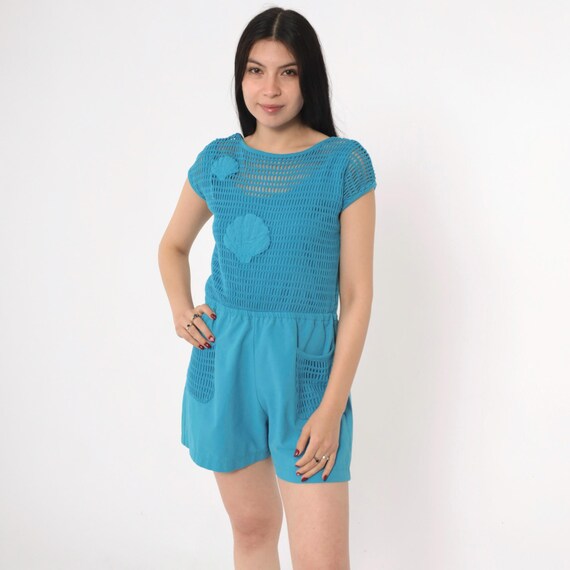 Vintage 80s Beach Romper Blue Mesh Seashell Playsuit Summer One Piece Jumpsuit Shorts Turquoise Blue Short Sleeve 90s Retro Small Medium
