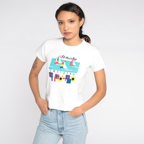 St Maarten Shirt Retro TShirt Vintage Caribbean T Shirt 90s Sailboat Shirt Travel Tee Graphic Print 1990s White Extra Small xs