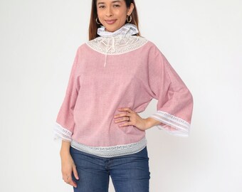 Pink Calico Floral Blouse 70s Ruffle Lace Collar Boho Top Bohemian Long Kimono Sleeve 1970s Vintage Hippie Festival Drawstring Neck Medium
