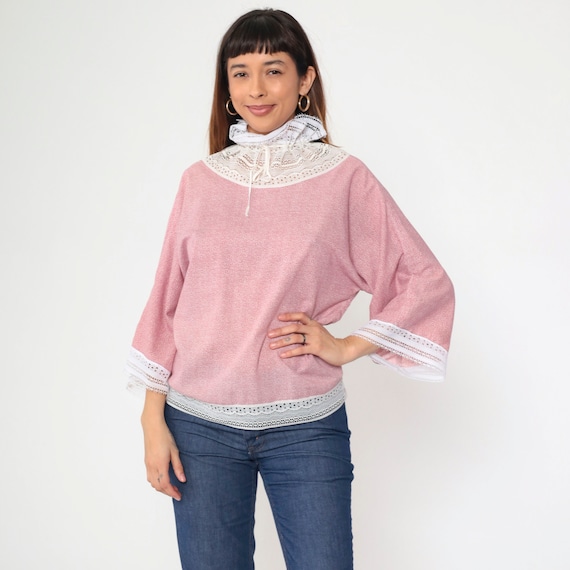Pink Calico Floral Blouse 70s Ruffle Lace Collar Boho Top Bohemian Long Kimono Sleeve 1970s Vintage Hippie Festival Drawstring Neck Medium