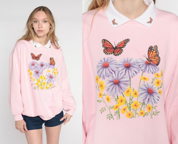 Butterfly Garden Sweatshirt 90s Baby Pink Floral … - image 1