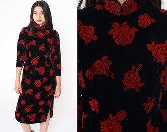 Velvet Cheongsam Dress 90s Black Floral Asian Mandarin Collar Red Rose Print Party Midi Going Out Cocktail 3/4 Sleeve Vintage 1990s Small