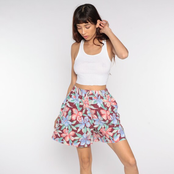 Floral Shorts 90s Baggy Shorts Burgundy Summer Wide Leg Shorts Surfer High Waisted Retro Vintage 1990s Small Medium