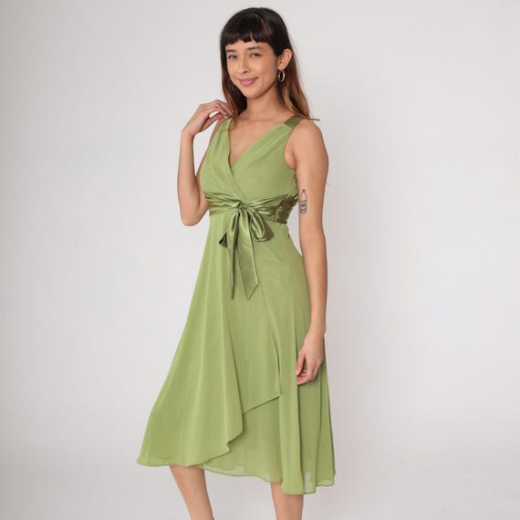 Green Satin Wrap Midi Dress Bow V Neck Chiffon Overlay Asymmetrical Hem Cocktail Party Y2K 2000s Jones Studio Small Medium