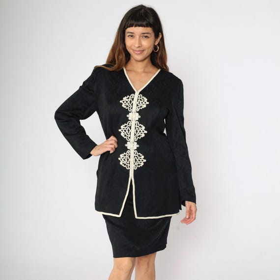 90s Black Mini Dress Soutache Trim Shift Dress Long Sleeve Chic Classic LBD Twofer Attached Jacket Monochrome Vintage 1990s Small 6