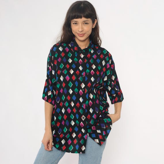 Harlequin Diamond Shirt 90s Black Multi Color Button Front Short Sleeve Vintage Blouse Checkered Print Novelty Top Statement Tunic Medium M
