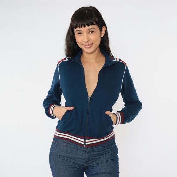 Vintage Navy Blue Track Jacket 80s Zip Up Knit Sweatshirt Burgundy White Striped Warmup Streetwear Retro Athletic Sporty 1980s Small xs