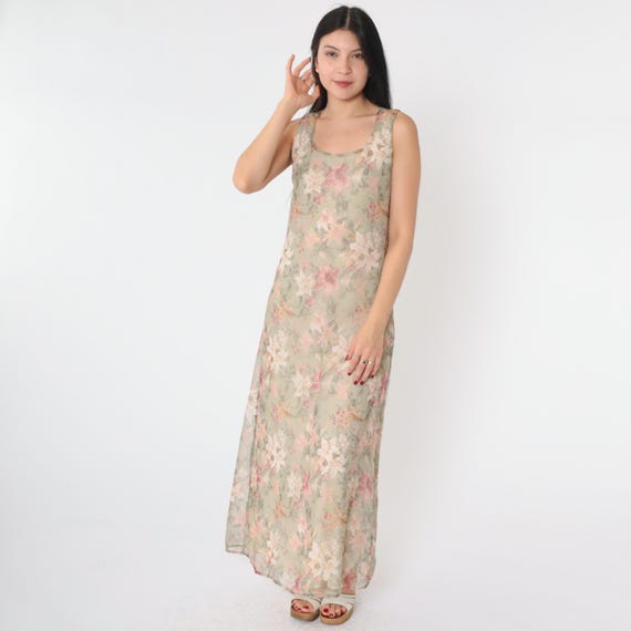 90s Floral Dress Soft Green Pink Lily Maxi Sundress Sleeveless Flower Print Sun Scoop Neck Bohemian Tank Summer Retro Vintage 1990s Small