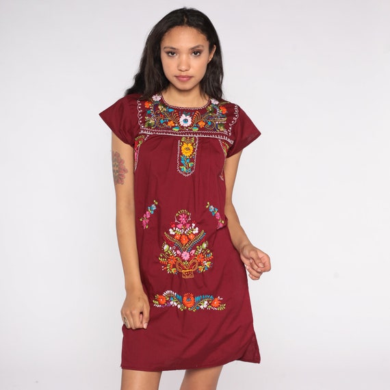 Burgundy Mexican Dress Embroidered Floral Mini Dress Hippie Boho Red Tent Bohemian Tunic Festival Minidress Summer Extra Small XS