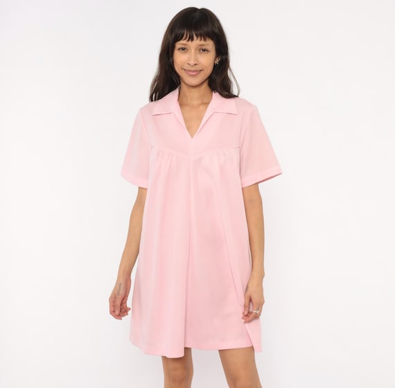 Baby Pink Babydoll Dress 70s V Neck Collar Short Sleeve Gathered Bust Pullover Shift A Line Knee Length  Feminine Coquette Extra Large XL