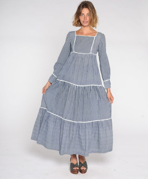 Gingham Prairie Dress 70s Maxi Sue Brett Blue Checkered Tiered Boho Puff Sleeve 1970s Bohemian Cottagecore Empire Vintage Hippie Small S