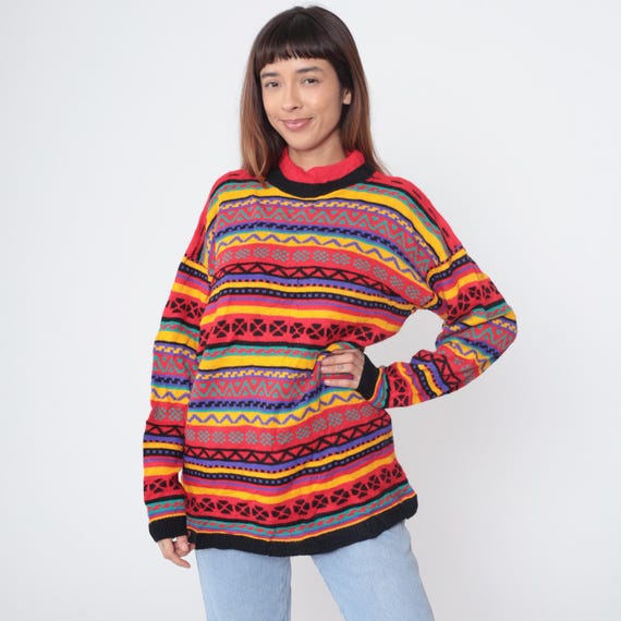 Colorful Southwestern Sweater 90s Aztec Inspired Print Abstract Pattern Geometric Acrylic Vintage Crew Neck Medium M