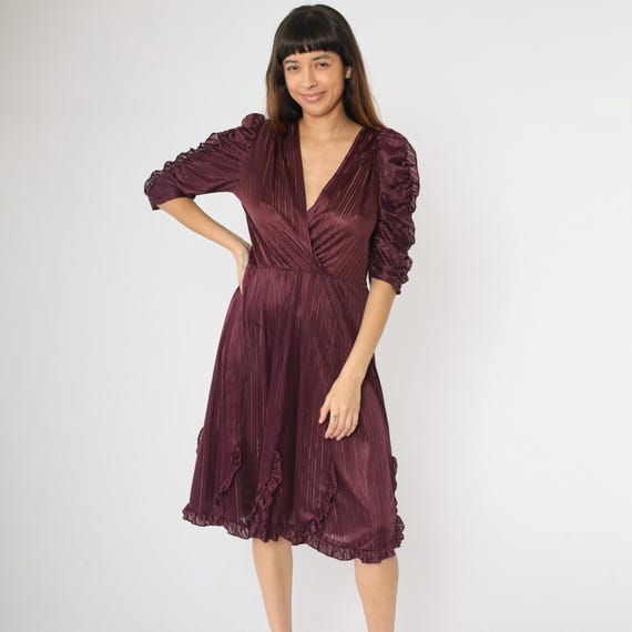 Vintage Sheer Wrap Dress 70s 80s Ruffled Plum Burgundy Cocktail Party Puff Sleeve Midi Deep V Neck Dress Puffy High Waisted 1980s Medium M