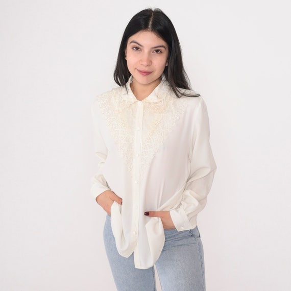 Lace Bib Blouse 90s White Button up Shirt Floral Pearl Beaded Top Long Sleeve Rounded Collar Romantic Boho Vintage 1990s Kathy Che Medium 10