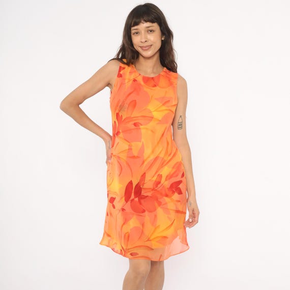 Orange Floral Chiffon Dress 90s Sleeveless Shift Yellow Coral Watercolor Sheer Overlay Summer Beach Vacation Sundress Vintage Medium M
