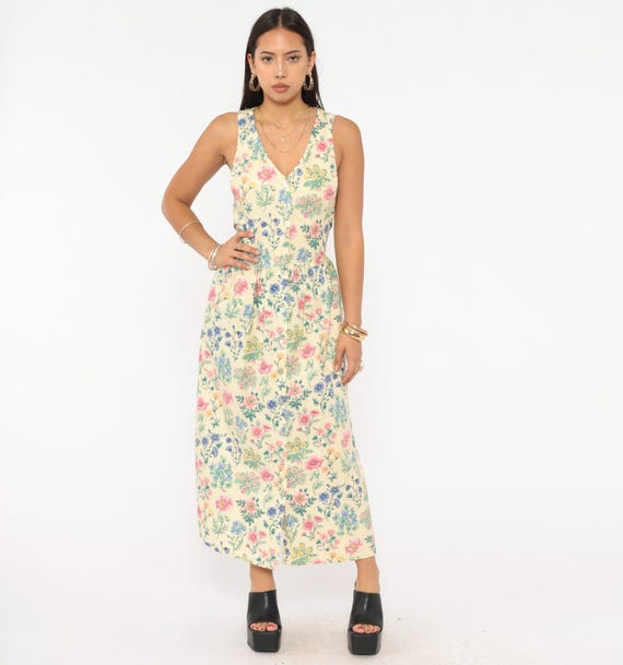 90s Botanical Garden Dress Butter Yellow Floral V Neck Cotton Midi Wildflower Pink Blue Green Fitted Waist Summer Prairie Sundress Small S