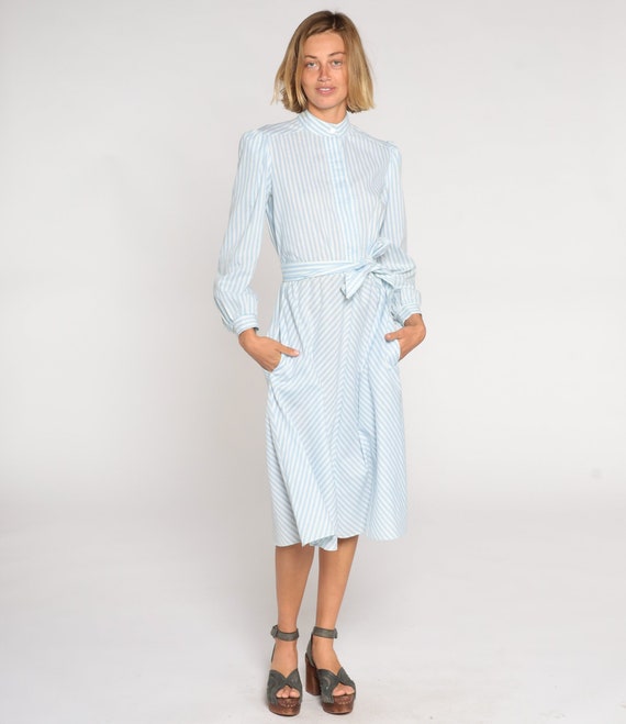 Striped Day Dress 80s Midi Dress Blue White Button Up Shirtwaist Dress Long Puff Sleeve High Waisted Retro Secretary 1980s Vintage Medium M
