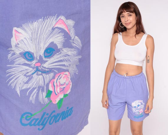California Kitty Shorts 90s Cat Purple Cotton Elastic Waist Novelty Kitten Rose Lavender Periwinkle Vintage Athletic Lounge Casual Medium M