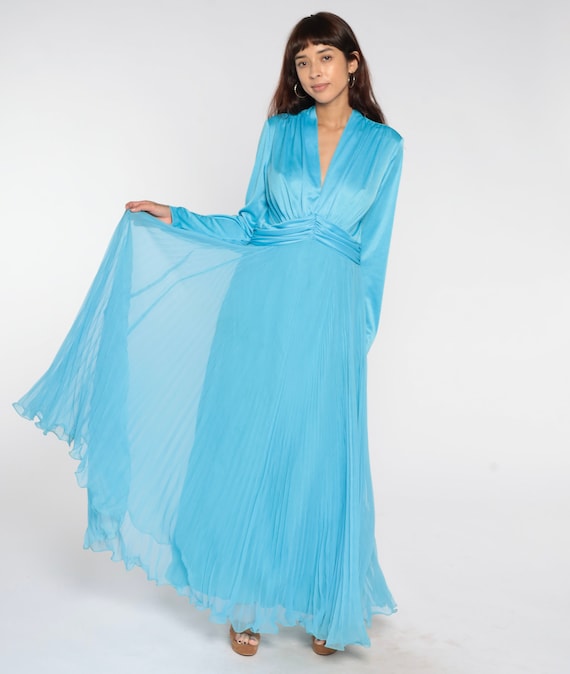 Grecian Maxi Dress 70s Party Dress Blue Chiffon Pleated Dress 1970s Boho Empire Waist Deep V Neck Gown Formal Dress Long Sleeve Large 12