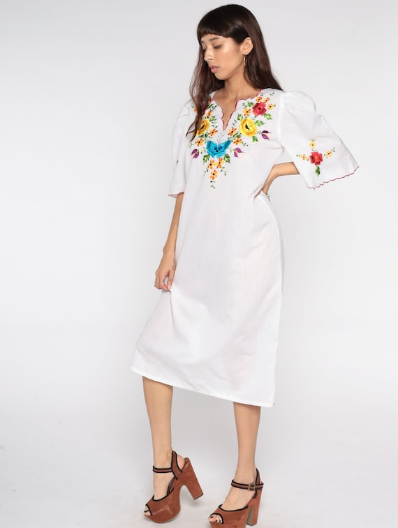 Mexican Dress Floral EMBROIDERED Midi White Dress Hip… Gem