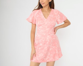 Vintage Pink Mod Babydoll Dress 60s Tie Dye Style Flutter Sleeve V-Neck Empire Waist Retro 1960s Flare Boho Hippie Mini Dress Size Small S
