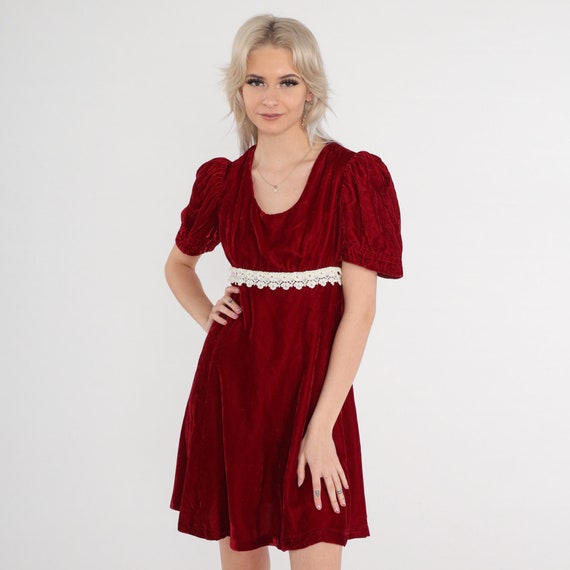 Velvet Mini Dress 70s Mod Babydoll Party Dress 1970s Boho Red Cocktail Prom Vintage Puff Sleeve Lolita Bohemian Dolly Small S 4