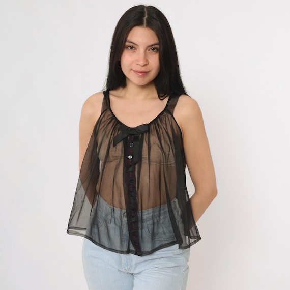 Vintage Black Babydoll Lingerie Top 80s Sheer Cami Tank Top Bow Lace Trim Gothic Boho Nylon Tent Romantic Goth 1980s Small Medium