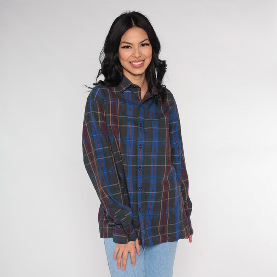 Grey Plaid Shirt 90s Button up Shirt Blue Retro Checkered Grunge Long Sleeve Boyfriend Top Vintage 1990s Mens Large L
