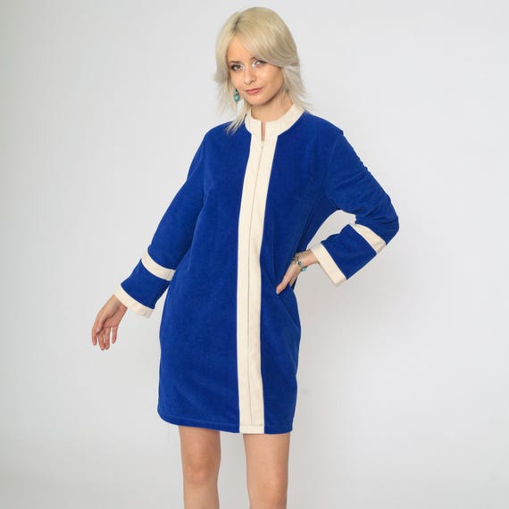 70s Velour Robe Dress Vanity Fair Mini Royal Blue Stripe Lounge Pajama Long Sleeve 1970s Front Zip Loungewear Vintage Medium