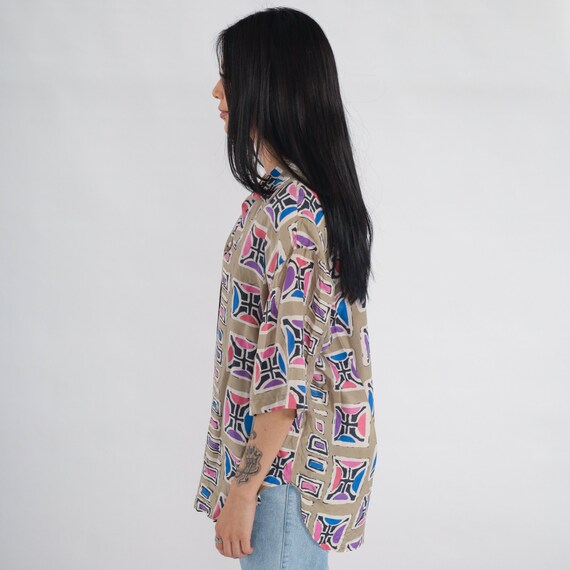 Stamp Print Shirt 90s Silk Button Up Blouse Taupe… - image 5