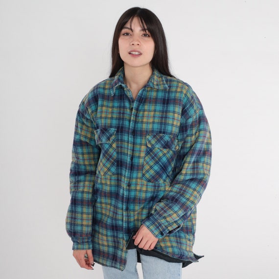Blue Plaid Jacket 90s Quilted Jacket Button up Retro Lumberjack Turquoise Navy Hiking Warm Checkered Vintage 1990s Sierra Pacific Mens Large
