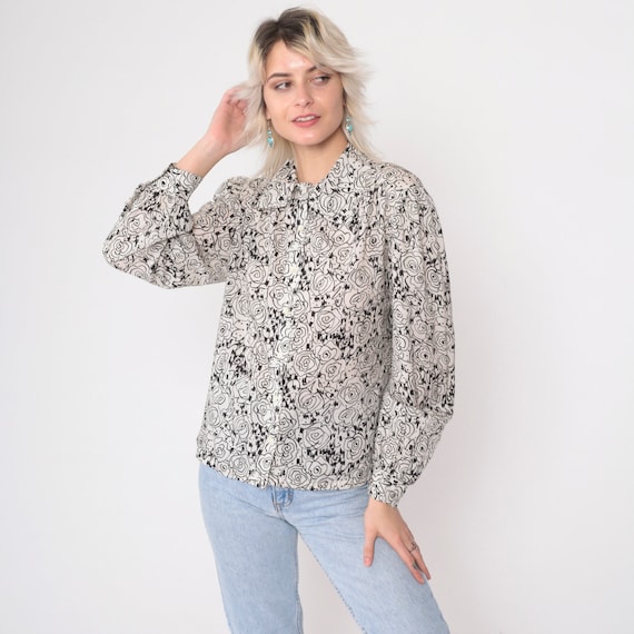 80s Abstract Floral Shirt Black White Puff Sleeve Blouse Button Up 1980s Vintage Long Sleeve Bohemian Sketch Print Medium Petite