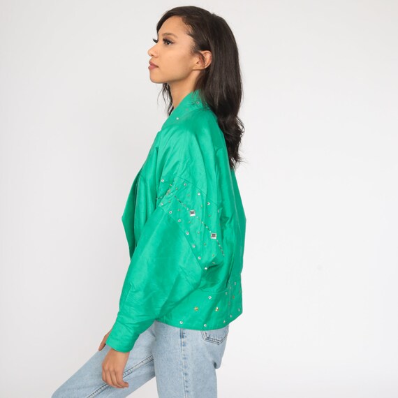 Green Silk Jacket Star Studded Rhinestone Windbre… - image 4