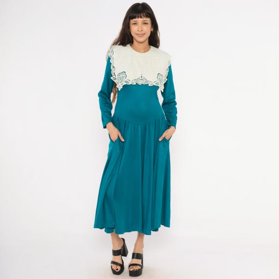 Lace Collar Teal Dress 80s Long Sleeve Fitted Bodice Full Skirt Midi Cream Scalloped Bib Drop Waist Acadian  Frock Small Medium S M