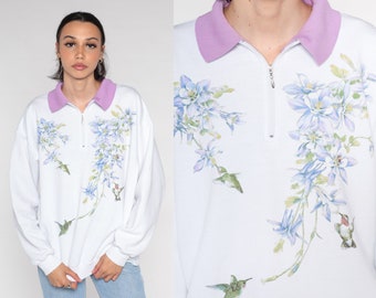 Hummingbird Sweatshirt Y2K Floral Quarter Zip Sweatshirt Columbine Flower Bird Print Graphic Collared Sweater White Vintage 00s Large L