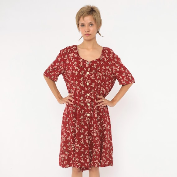 90s Floral Romper Red Cream Ditsy Button Front Sweetheart Sleeve Wide Leg Culotte Burgundy Playsuit One Piece Cottagecore Vintage Large L