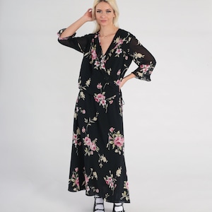 Black Floral Dress 90s Chiffon Wrap Maxi Flower Print V Neck Boho 1990s Bohemian Hippie Dress 3/4 Sleeve Retro Vintage Medium Large