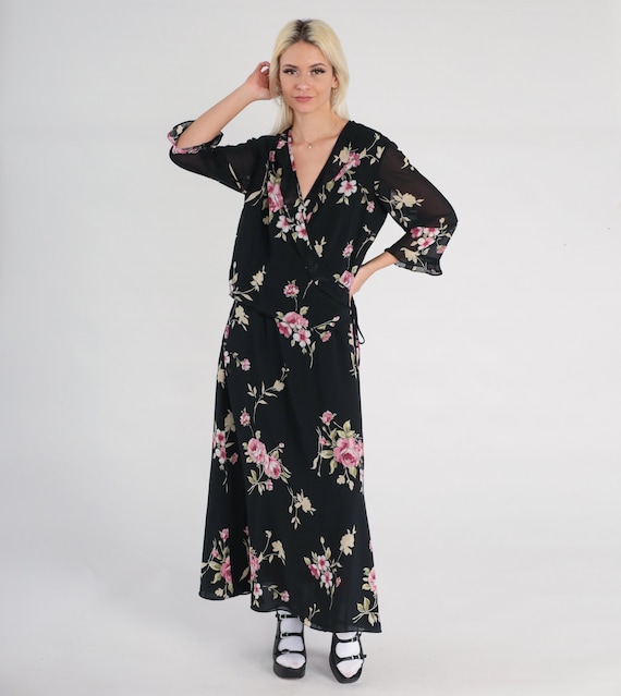 Black Floral Dress 90s Chiffon Wrap Maxi Flower Print V Neck Boho 1990s Bohemian Hippie Dress 3/4 Sleeve Retro Vintage Medium Large