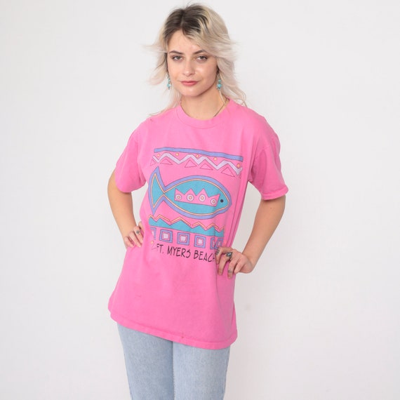 90s Fort Myers Beach T-Shirt Hot Pink Tropical Fi… - image 2