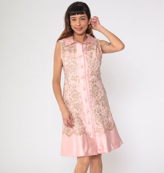 60s Metallic Lace Dress Pink Party Dress Illusion Neckline Evening 1960s Cocktail Button Up Shift Vintage Sleeveless Formal Small Medium 6/8