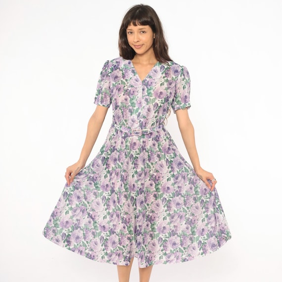 80s Floral Sheer Dress Purple Lavender Rose Cottagecore Coquette Fairycore Belted Puff Sleeve Vintage Summer Spring Garden Party Large L