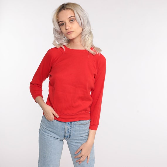 Vintage Red Pullover Sweatshirt 80s Plain 3/4 Sleeve Shirt Lightweight Cropped Slouchy Crewneck 1980s Sweat Shirt Blank Extra Small xs