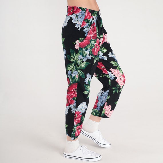 Baggy Floral Pants 90s Black Tapered Relaxed Pants Pleated High Waist Pants Flower Print Casual Trousers Rayon Pants Vintage Small S