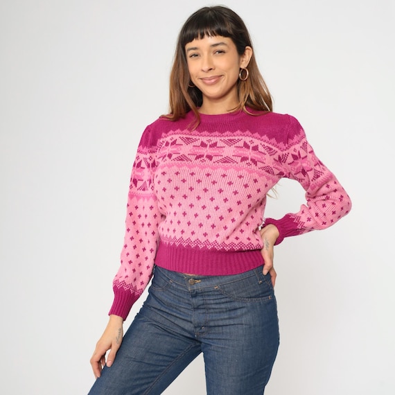 Vintage Pink Fair Isle Sweater 80s Nordic Puff Sleeve Sweater Boho Ski Bohemian Knit Retro 1980s Pullover Norwegian Small xs
