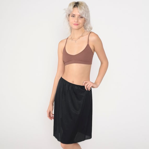 70s Black Slip Skirt Vintage Vanity Fair Lingerie Half Slip Skirt Mini LACE Slip Side Slit Pinup Pin Up Bohemian 1970s Medium