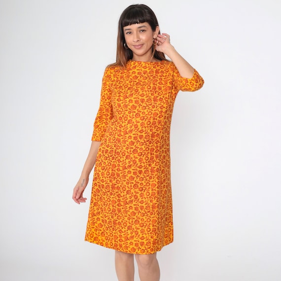 60s Floral Dress Midi Boho Orange Flower Print Wool Mod Shift Hippie Vintage 1960s 3/4 Sleeve Sheath Sixties Yellow Small S