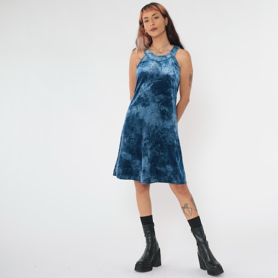 Vintage Velvet Mini Dress 90s Blue Tie Dye Party Dress Sleeveless Shift Racerback Stretch Velour Going Out 1990s Minidress Medium M