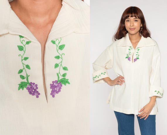 Embroidered Grape Blouse 70s Cream Bell Sleeves Purple Grapes Green Vine Embroidery Bohemian Peasant Tunic Festival Cottagecore Folk Large L