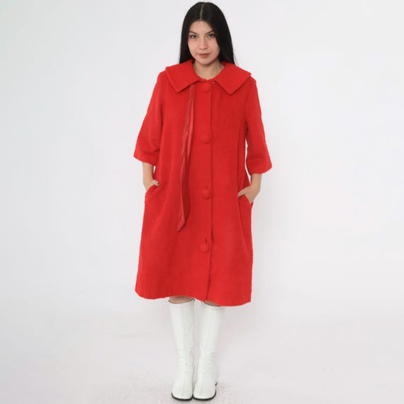 Vintage Red Plush Coat 60s Mod Swing Jacket Textured Fuzzy Wide Collar Button Front Three Quarter Sleeve 1960s Winter Outerwear Large 12