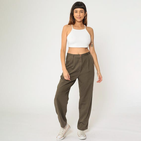 Vintage Brown Pleated Trousers 90s High Waisted Pants Retro Tapered Straight Leg Slacks Office Preppy High Waisted Rise Basic 1990s Medium M